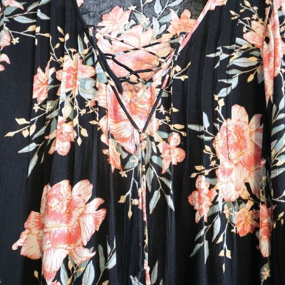 BILLABONG Just Like Us Black Floral lace up long sleeve Mini Dress size S - Picture 10 of 13